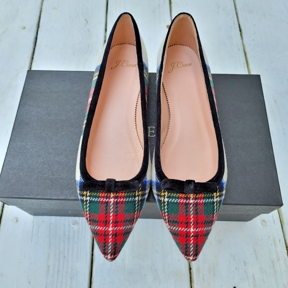 🆕️ J Crew Pointed Bow Flats Snowy Tartan Plaid - Picture 6 of 7